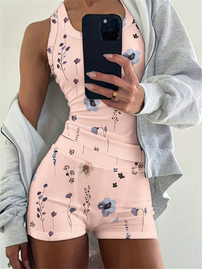 2pcs Outfit Floral Print U-Neck Tank Top And Elastic Waist Shorts Set Slim Fit Ribbed Set
