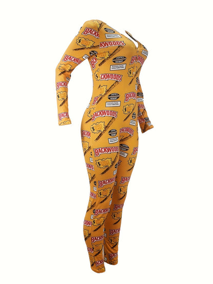 Women'S Sexy Long Sleeve V-Neck Loungewear Jumpsuit - Yellow "Backwoods" Graphic Print, Off-Shoulder Design, High-Waisted Romper for Summer, Comfortable & Stylish Sleepwear, Casual Loungewear | Vneck Jumpsuit | Polyester Blen