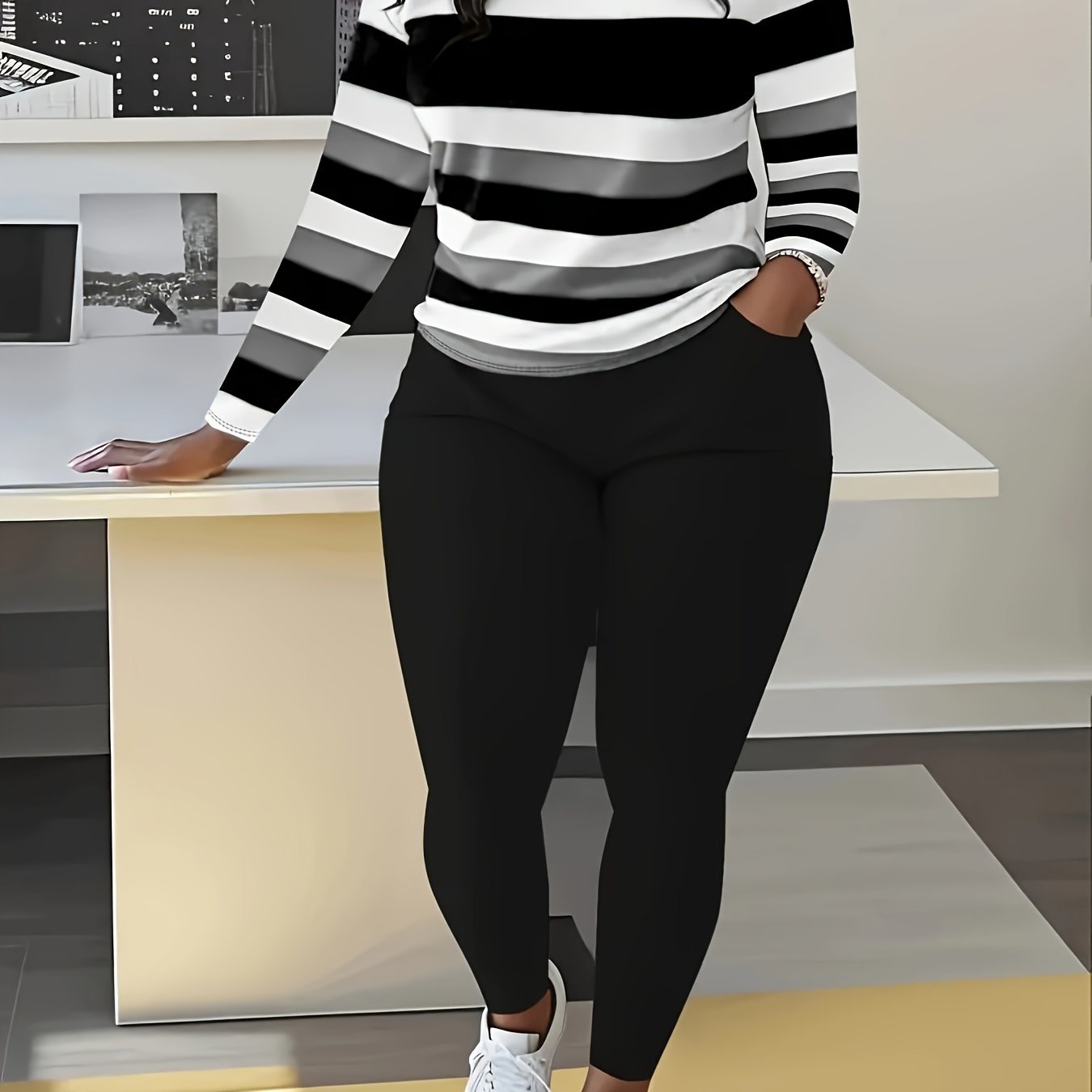 Unique Women's Striped Casual Set- Green And White, Long Sleeve Round Neck Top And Pants with Pockets, Weight Polyester Blend, Machine Washable, Comfortable Clothing| Pants| Polyester Blend