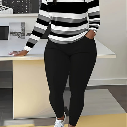 Unique Women's Striped Casual Set- Green And White, Long Sleeve Round Neck Top And Pants with Pockets, Weight Polyester Blend, Machine Washable, Comfortable Clothing| Pants| Polyester Blend