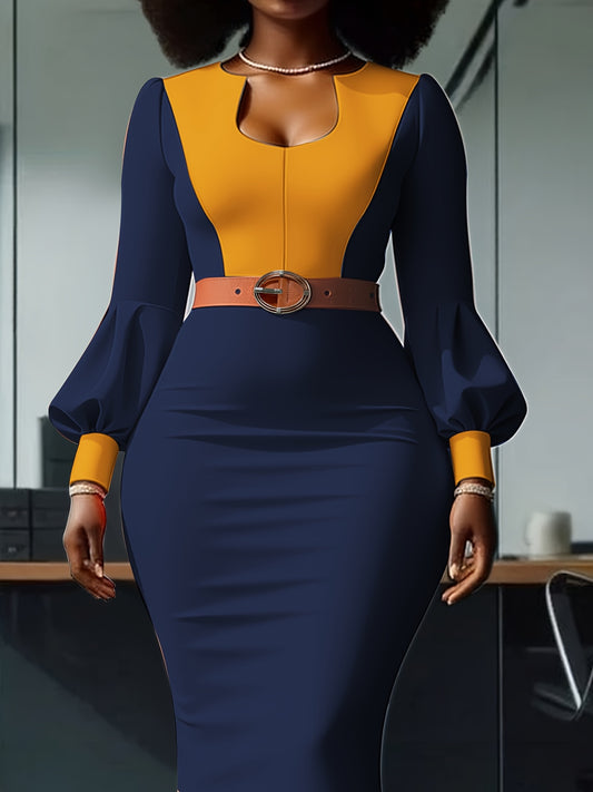 [Color-Blocked U-Neck] Ladies' Spring And Autumn Casual Fashion Party Dress with a Vintage French Style, Featuring a Color-Blocked U-Neck Design That Is Sexy And Form-Fitting, Complete with a Belt. This Sophisticated And Eleg
