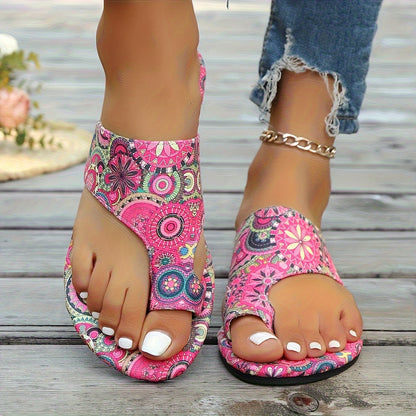 Women's Bohemian Floral Slide Sandals - Slip-On Open Toe Summer Shoes with Pink, Lightweight Flat Sandals for Beach, Casual Outfits - Easy Slip Closure & Non-Slip PU Sole, Beach Footwear