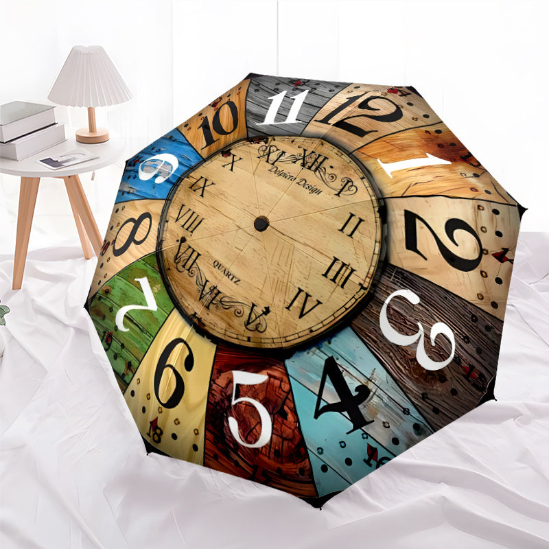 Automatic Open/Close Umbrella with 8 Metal Ribs - Vintage Clock Design, Windproof & Portable Sunshade, Compact Folding Umbrella for Women/Men, Halloween/Christmas Gifts (Brown/Blue/Green/Red/Black/White/Teal/Beige) - Model K0