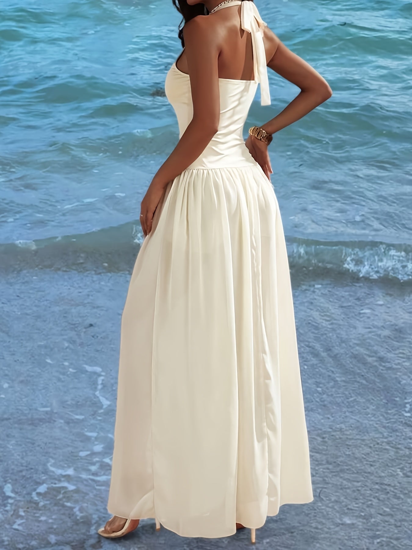 Women's Floor-Length White Sleeveless A-Line Maxi Dress with & A-Line Hem - Floor-Length Beach Dress with Layered Hem & Beltless Design, Machine Washable - Elegant Floor-Length Party Wedding Guest Dress, Structured Fit for Wo