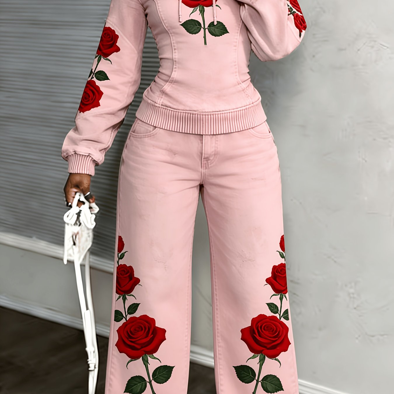 [Printed Pants - Not Denim Fabric] [Non-denim] Women's Flat Print Trendy Casual Long-Sleeved Hooded Drawstring Sport Top + High-Waisted Sport Pants]
