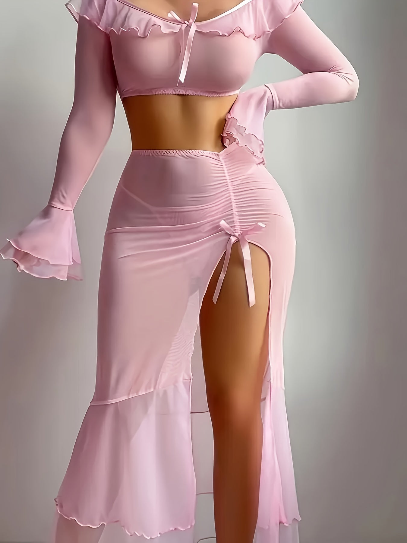 Sexy Pink Lingerie Set with V-Neck, High Slit, Pleated Design, Ruffled Lace Straps - Enchanting Net-Sheer Fantasy Nightgown for Women, All-Season Wear, Allseason Lingerie|Ruffled Lace Straps|Pleated Design, Lingerie Sets