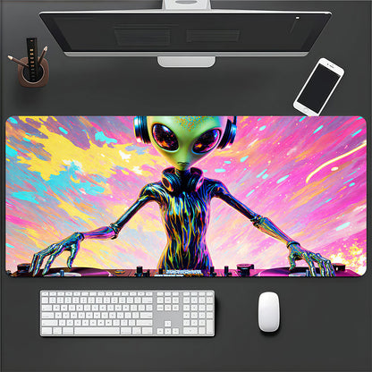 1pc Large Alien DJ Gaming Desk Mat & Mouse Pad - Neon Glow Green/Blue/Pink/Black/Purple, Non-Slip Surface, DJ Turntable Design Computer Accessory for PC/Laptop, Ideal Gift for Gamers & Music Producers
