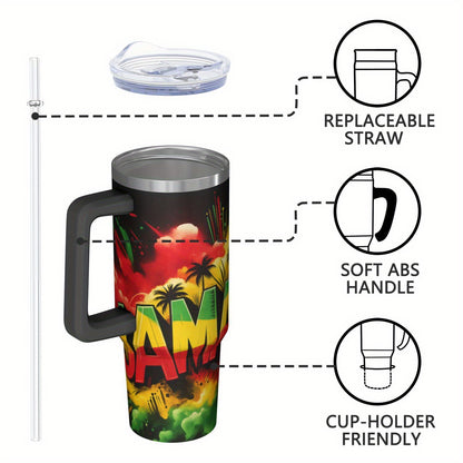 30oz Large Capacity Tumbler with Handle - Double-Wall Insulated Cup, Leakproof Lid & Built-in Straw, BPA-Free Stainless Steel Travel Mug, Keeps Drinks Hot/Cold for Hours, Tropical Jamaica Design in Green/Red/Black/ - Perfect