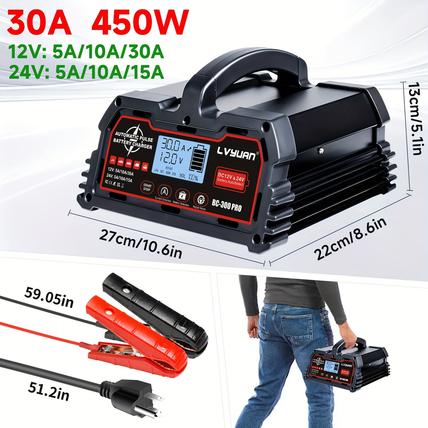 Battery Charger 30A, 12V/24V Lead Acid Smart Battery Charger, 12V LiFePO4 Car Battery Trickle Charger, Automatic Battery Maintainer for Car Motorcycle Lawn Mower Marine Boat Lead Acid Batteries
