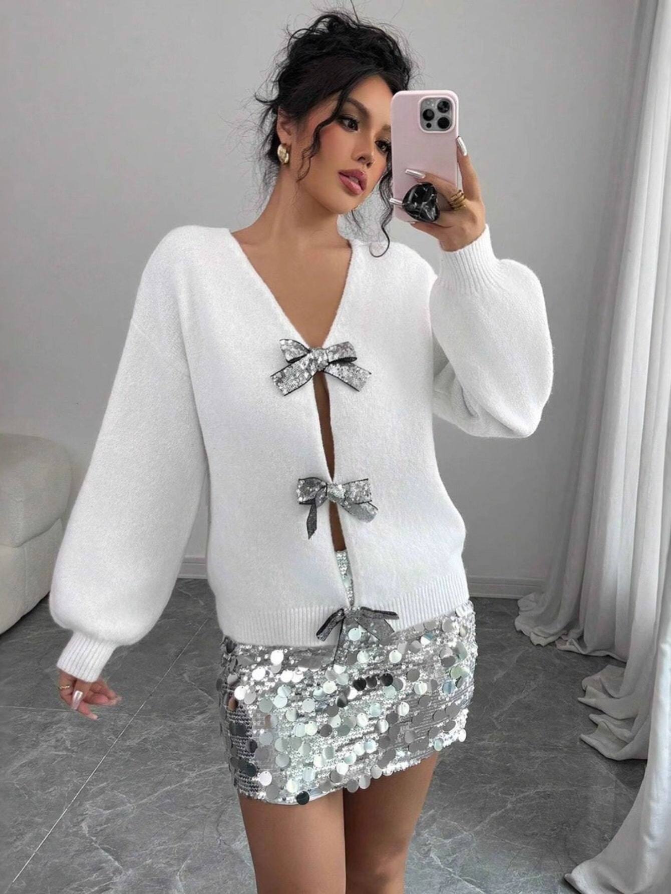 French-Style Sequin Bow-Adorned Loose-Fit Cardigan Sweater with Button Front Placket - Winter Warm Blouse, Casual Elegant Outerwear for Parties Weddings Daily Wear