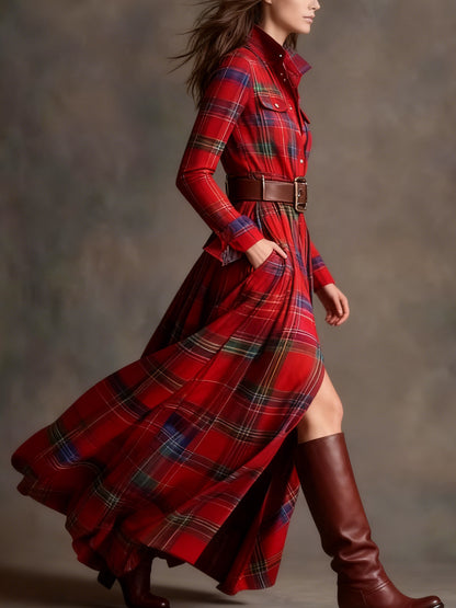 Women'S Autumn-Winter French Retro Elegant Literary Plaid Lapel Maxi Dress | Long Sleeve, Button Details, Vintage Style
