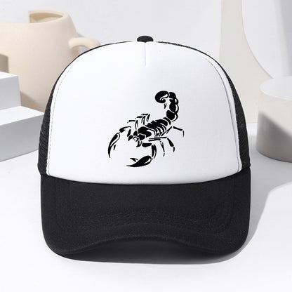 Unisex Scorpion Print Baseball Cap - Breathable Mesh Trucker Hat with Adjustable Fit for Outdoor Sports, Fishing & Casual Wear, Black with White Scorpion Design, Spring/Summer Collection, Spring Summer Cap | Stylish Headgear