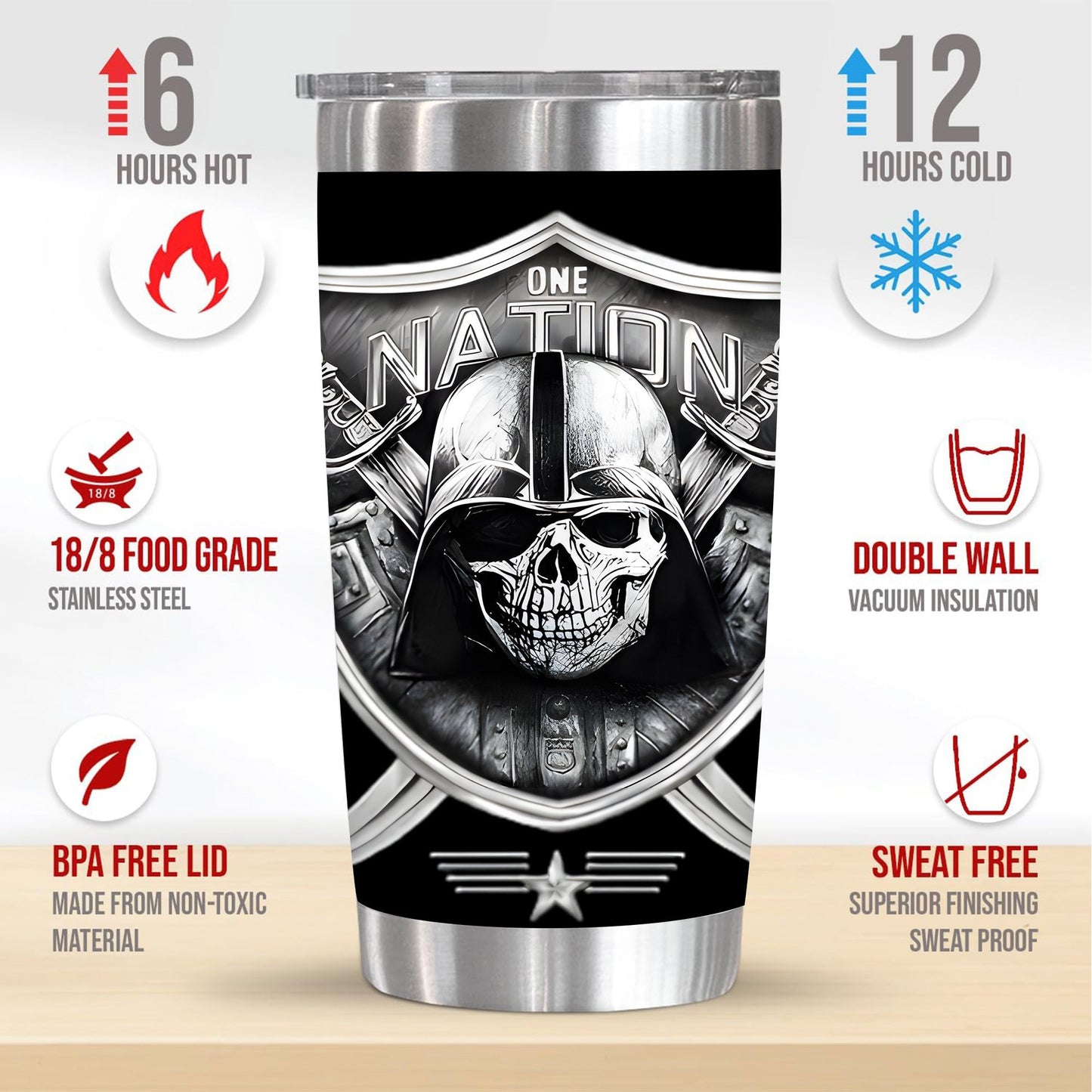 1pc 20oz One Nation Skull Tumbler, Double Wall Vacuum Insulated Travel Mug, Spill Proof Lid, Perfect Gift for Dad, Mom, Ideal for Christmas, Thanksgiving, Valentine's, Mother's, Father's Day, Gift for birthday, Coffee Cup