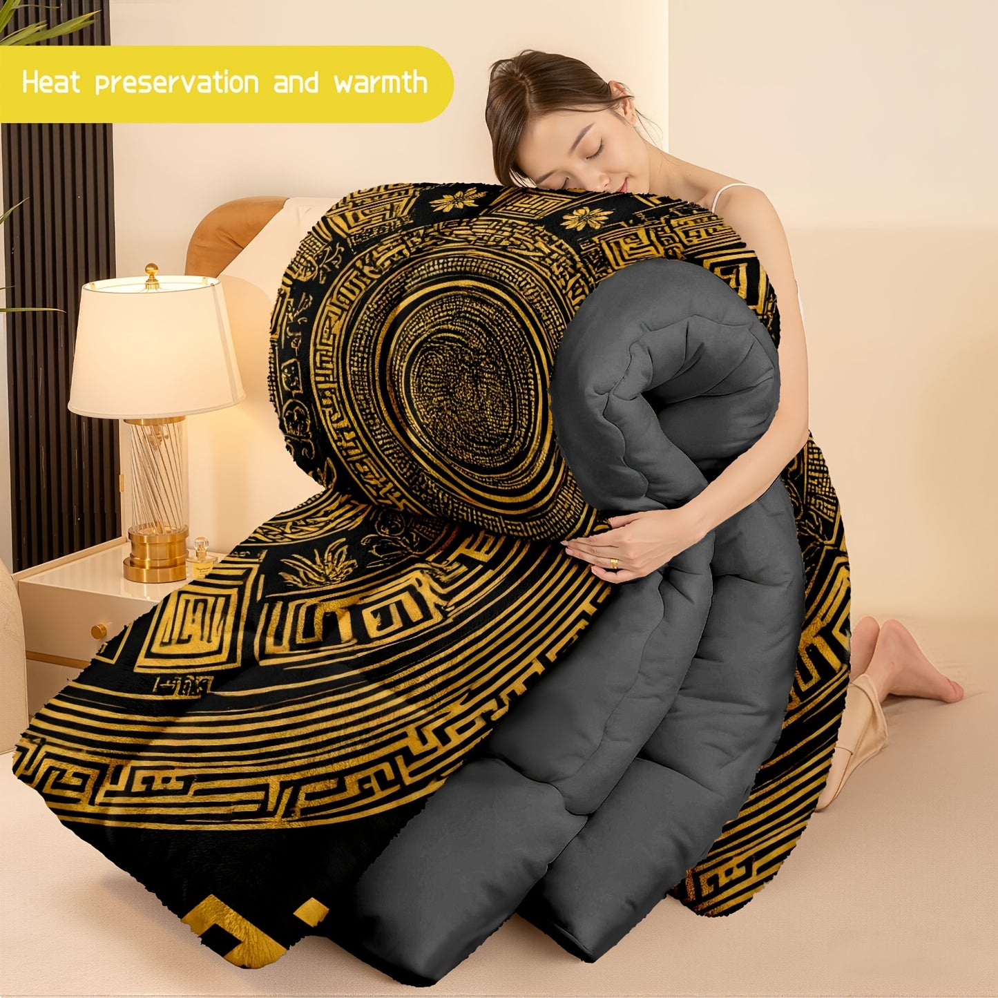 3pcs (1 comforter + 2 pillowcases) Golden Pattern Flannel & Milk Velvet Comforter Set, Soft Warm Bedding Set for Adults, Cozy Milk Velvet Quilt Set, Trendy Bedding Essentials, Bedroom Essentials, Modern Quilt Set, Stylish Bed