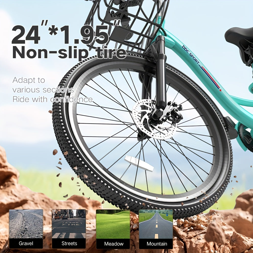 350-500w Powerful Motor, 20-26MPH Commut Erelectric Bike, LCD Display, 7 Speed Shift Adult Electric Bicycle, 36V 10.4A Lithium Battery, 24-inch Wheels, Aluminum Alloy Body, Front Fork Shock Absorber, Headlights, Night Driving