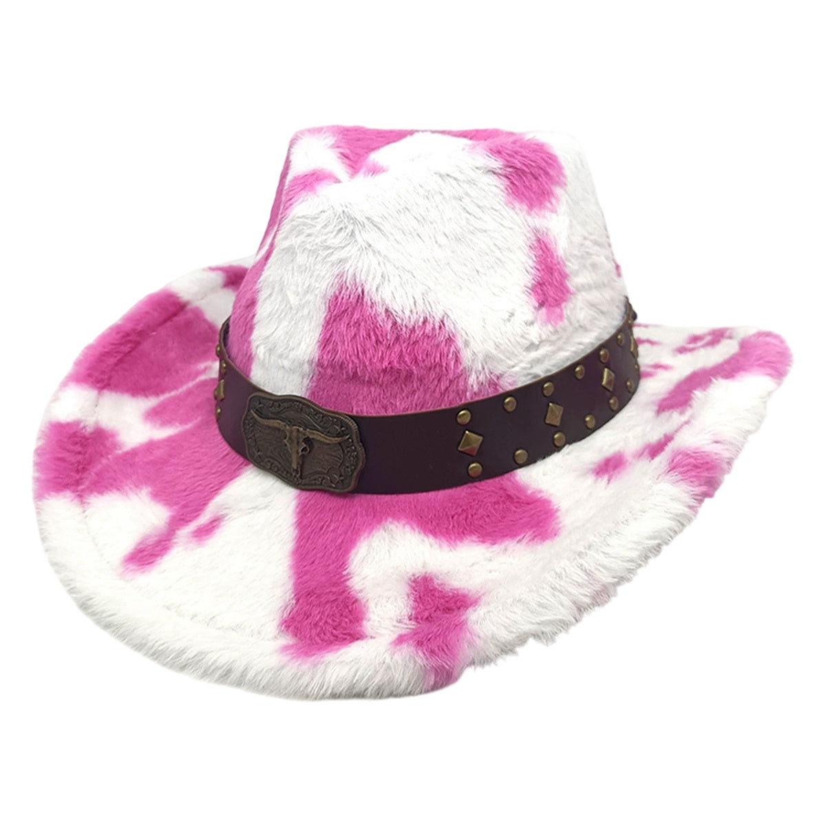Warm Plush Fuzzy Cowgirl Hat with Bull Head Belt - Unisex Western /H Cow Spot Jazz Cap for Rodeo, Ranch, Themed Parties | Hand Washable for men & women