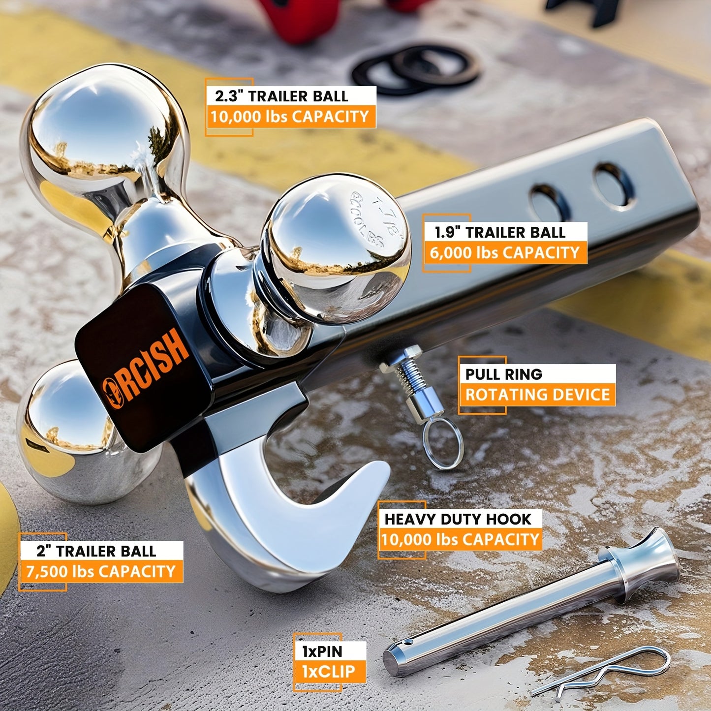 Trailer Hitch Tri-Ball Mount with Hook & Pin, Hitch Ball Size 1-7/8", 2" And 2-5/16", Fit 2 Inch Hitch Receiver, Max GTW 10, 000 LBS, Fit 2 Inch Hitch Receiver, Tow Hitch for RVs, SUVs, ATVs, And Trucks