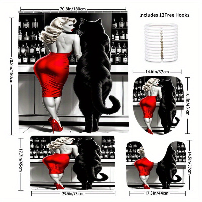 1/4pcs Beauty with Black Cat Pattern Shower Curtain Or Four-Piece Set (Including Shower Curtain, Non-Slip Mat, U-Shaped Mat And Toilet Mat) Is a Perfect Choice, a Great Gift, The Whole Set of Shower Supplies Comes with 12 Hoo