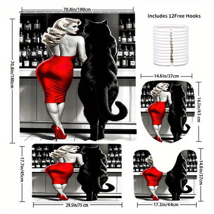1/4pcs Beauty with Black Cat Pattern Shower Curtain Or Four-Piece Set (Including Shower Curtain, Non-Slip Mat, U-Shaped Mat And Toilet Mat) Is a Perfect Choice, a Great Gift, The Whole Set of Shower Supplies Comes with 12 Hoo