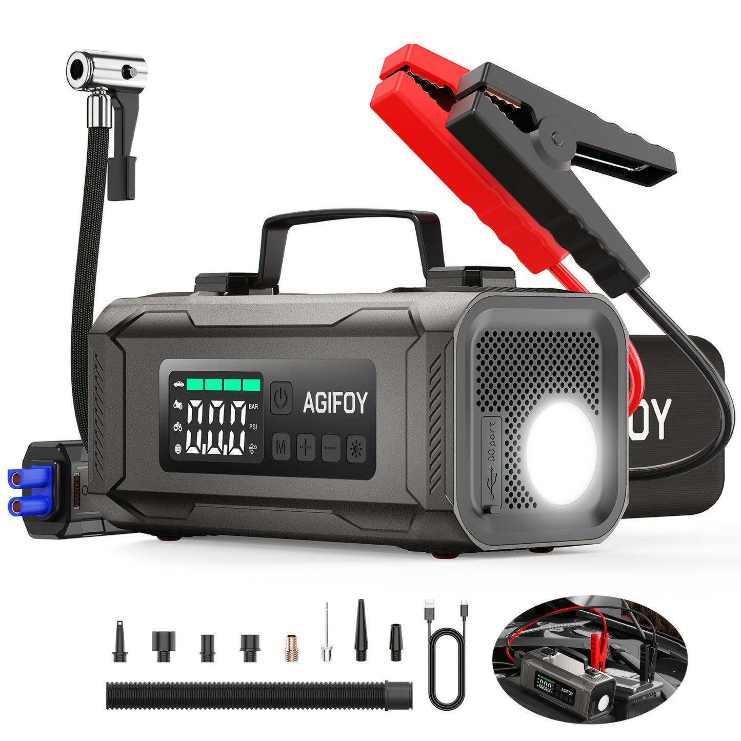 Car Jump Starter with Air Compressor, 6-in-1 2500A Car Battery Charger Power Jumper Starter Pack(All Gas/2.11gal Diesel), 150PSI Tire Inflator, Air Pump for Inflation/Deflation, LED Emergency Light, Jump Starter Battery Pack