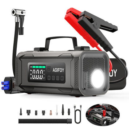 Car Jump Starter with Air Compressor, 6-in-1 2500A Car Battery Charger Power Jumper Starter Pack(All Gas/2.11gal Diesel), 150PSI Tire Inflator, Air Pump for Inflation/Deflation, LED Emergency Light, Jump Starter Battery Pack