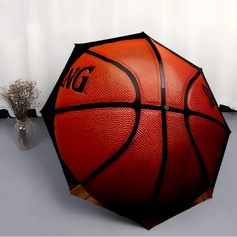3D Basketball Umbrella with Automatic Open/Close, Red/Black Basketball Design, Sturdy 8-Rib Frame - Compact Folding Umbrella for Men, Women, Sports Fans - Ideal for Commute, Travel, Business Meetings - Durable Everyday Carry