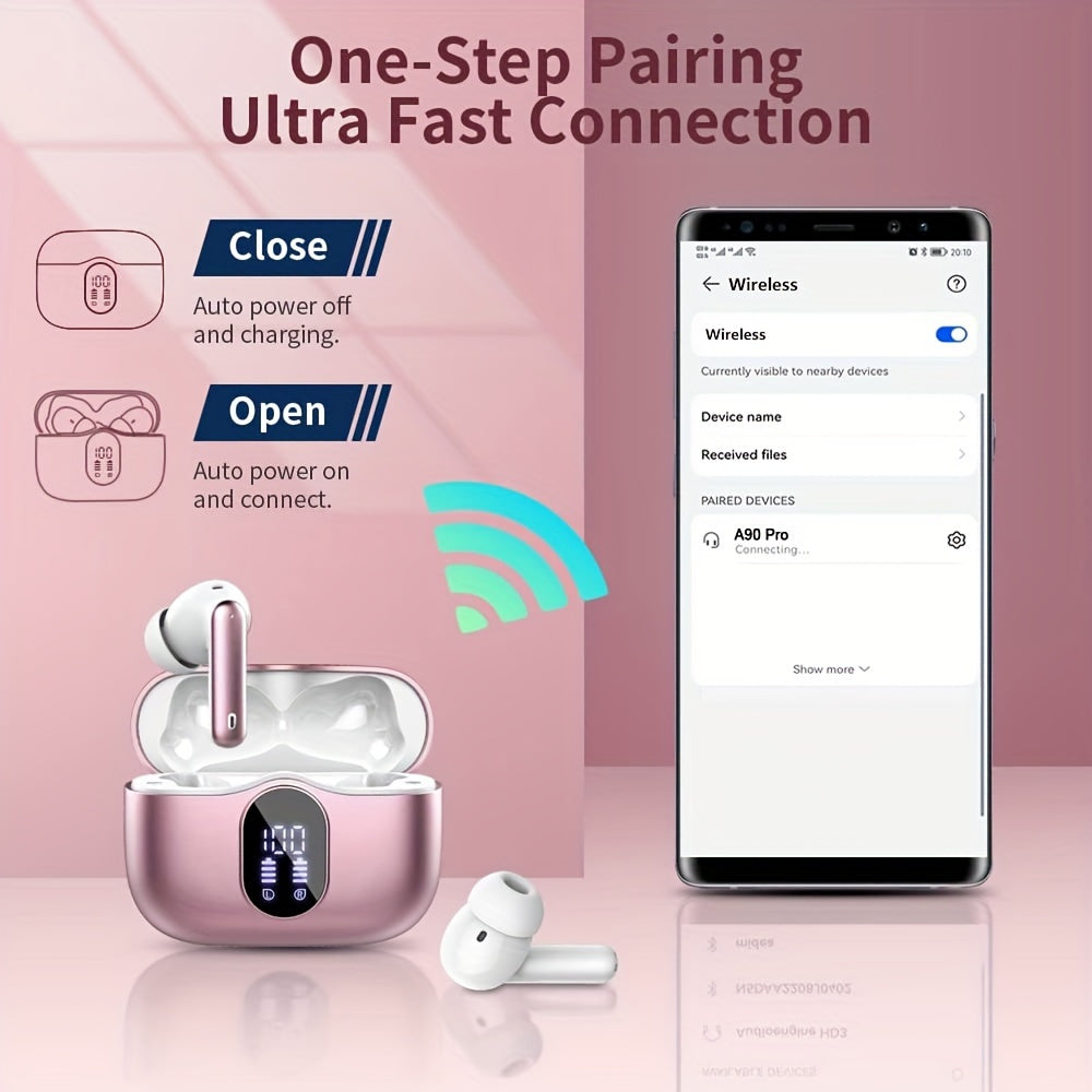 Wireless Earphones, Wireless 5.3 Earphones with Bass Stereo Sound, Earphones with Noise Cancelling Microphone And LED Display Screen, In Ear Earphones, 40 Hours Of Playback Time, Suitable for Laptops, Tablets, Mobile Phones,