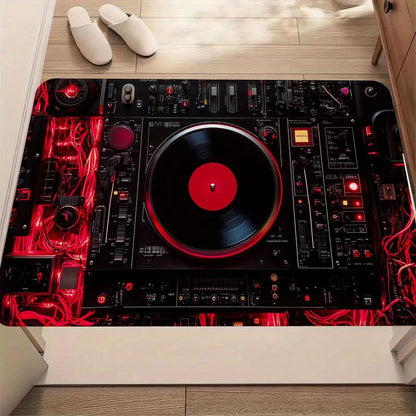 1pc Modern DJ Turntable Design Mat Mat - Non-Slip Rubber Backing, Machine Washable Floor Mat for Living Room, Bedroom, Kitchen - Halloween, Christmas, Thanksgiving Decor - Music Studio Apartment Decorations, Holiday Decoratio