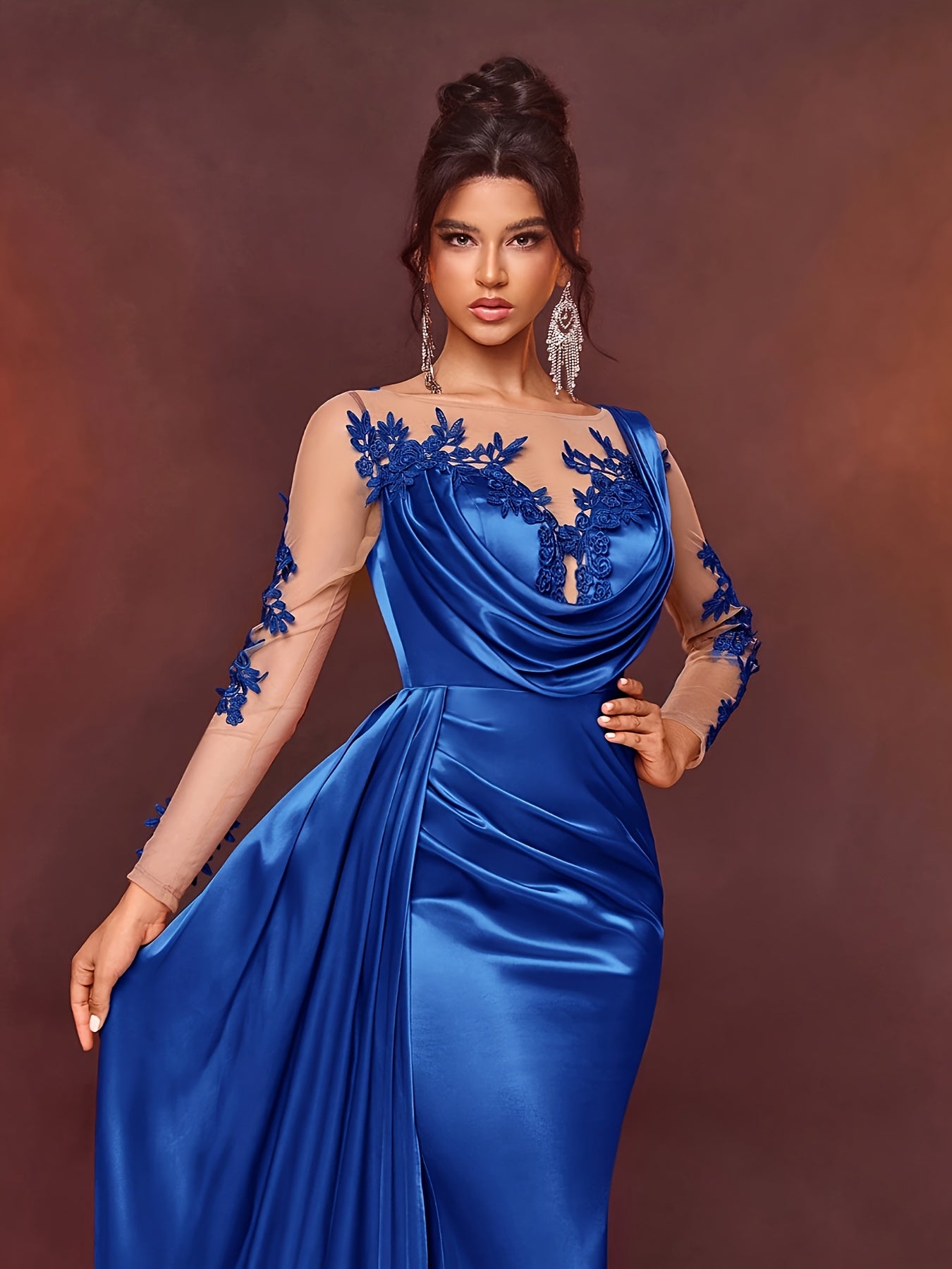 Elegant Long Ladies' Gown with Lace Detail | Solid Color, Contrast Mesh, Long Sleeve, Gown Hem, Ideal for Christmas, Birthday, Graduation, Travel