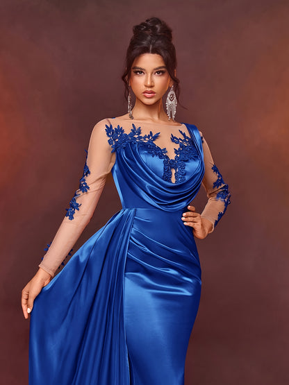 Elegant Long Ladies' Gown with Lace Detail | Solid Color, Contrast Mesh, Long Sleeve, Gown Hem, Ideal for Christmas, Birthday, Graduation, Travel