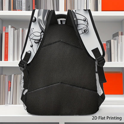 1pc Trendy Music Notes Printed Backpack - Durable 2D Flat Design with Studded Detail, Black & White, Perfect for School, Work, and Outdoor Activities, Backpack for School
