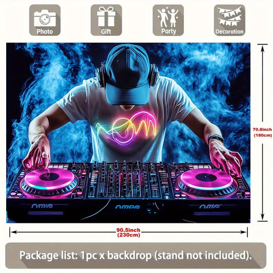 Dynamic Music Event Decor - 1pc DJ Mixing Console with Neon Lighting - Polyester Banner for Home & Party Background - 90.555x70.8 Inch - Vibrant Blue & Pink Design - Perfect for DJs, Clubs, and Events, DJ Accessories