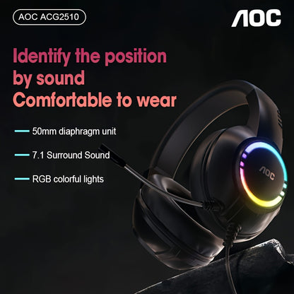 AOC Surround Bass Headphones with LED Lights, Jack, Volume Control, Condenser Mic, Tangle-Free Design, Compatible with PS5, PS4, Xbox One Controllers & Mobile Devices, Like Switch - Open-back Earcups, Black Plastic Material