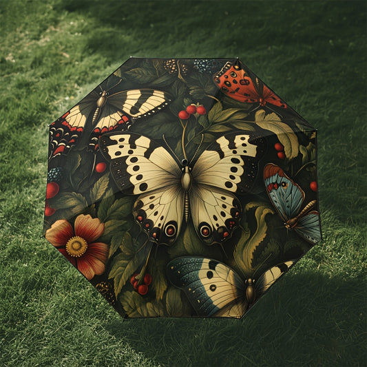 1pc Open/Close Compact Umbrella with & Heavy-Duty 8-Rib Frame - & Forest Bloom Pattern (Butterflies/Tortoiseshell) - Portable Folding Umbrella for s, &, Fits in Briefcase/ Box -