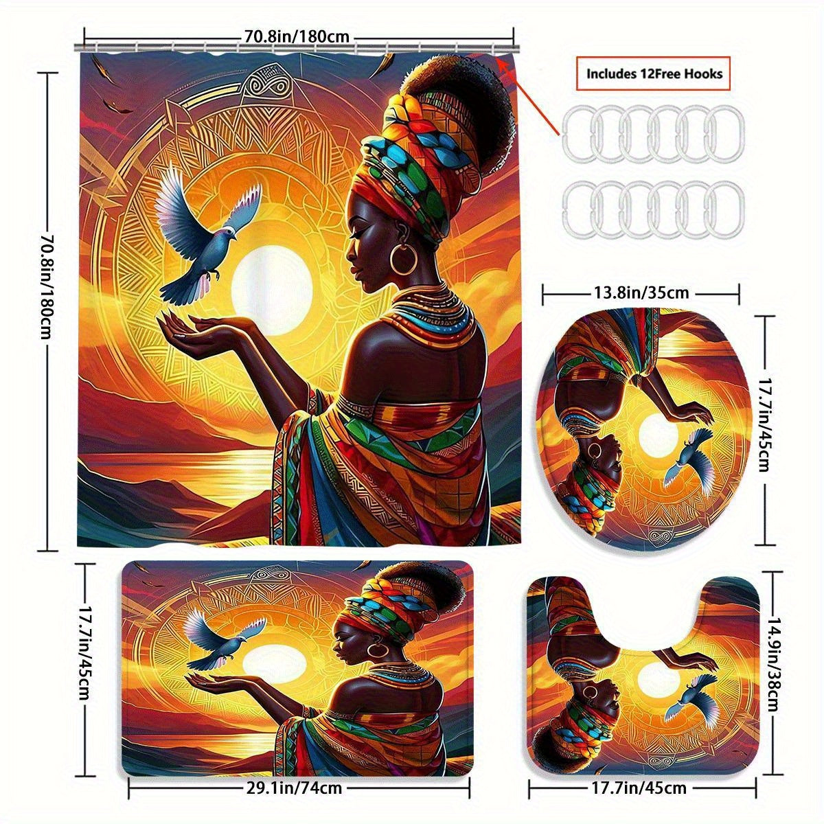 African Shower Curtain Set with 12 Hooks - Vibrant Ethnic-Inspired Design,Ideal for Holiday Gifts, Polyester Material, African Bathroom Set|Decorative Bath Set|Detailed Craftsmanship, Bath