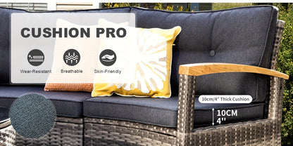 8-11pcs Outdoor Patio Furniture Set, Half-Moon Curved Sectional Sofa Rattan Patio Conversation Set with Wood Armrests for Porch, Backyard - Tempered Glass Round Coffee Table & Side Table, Patio Furniture And Decor, Patio Set,