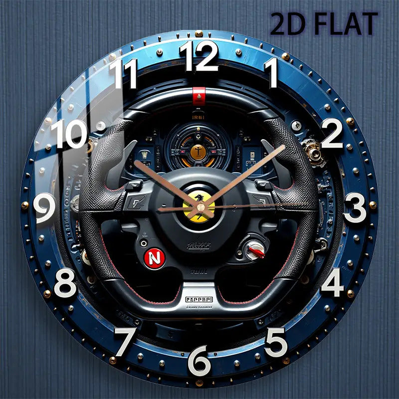 12-Inch Racing Car Steering Wheel Wall Clock - Silent Quartz Movement, Black & Yellow with Red N Emblem & Metallic Accent - Glass Round Clock for Home, Garage, Office, for Man Cave Decor - Ideal Gift for Motorsport Fans (AA B