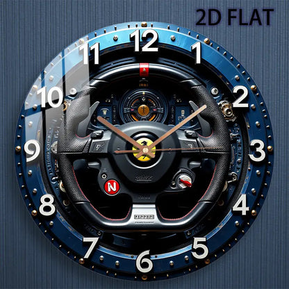 12-Inch Racing Car Steering Wheel Wall Clock - Silent Quartz Movement, Black & Yellow with Red N Emblem & Metallic Accent - Glass Round Clock for Home, Garage, Office, for Man Cave Decor - Ideal Gift for Motorsport Fans (AA B