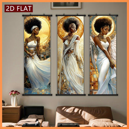 2D Flat, 2D/FLAT-3pcs Egyptian Goddess Plastic Scroll/ Scroll Painting, Sacred and Elegant Style Decorative Painting, White Dress Golden Ornament Halo Wings Element, Geometric Golden Pattern Background, Suitable for Living Ro