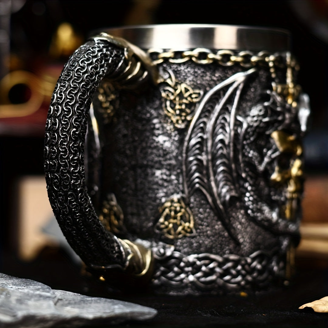Medieval Collectible Drinkware (Hand Wash Only) - 2024 Dragon Warrior Gothic - 3D Dragon & Skull Coffee Mug & Beer Cup - Stainless Steel Insulining Cup with Celtic Knot Design - Viking-Themed Gift for Men - Christmas - Hallow