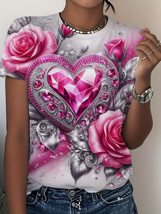 Women's Plus Size Pink Heart Floral Print T-Shirt - 100% Polyester Soft Breathable Crew Neck Short Sleeve Top, Lightweight 210gsm Summer Casual Tee with Sparkling Accents, Machine Washable