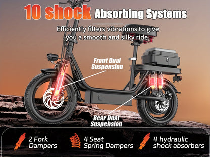 Peak Power 740W Electric Scooter With Free Seat & Basket - 48V10/15AH Battery, Dual Suspension, 20MPH, 10-35 Miles, LCD Display, 330lbs Max Load (Best For Commuting) Folding Ebike Adult Mini Electric Bike Equipped With Intell