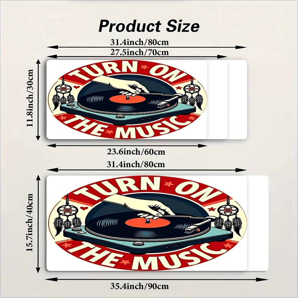 1pc Music-Themed Gaming Mouse Pad & Desk - Vinyl Record & DJ Turntable Design with "Turn On The Music" Slogan, Non-Slip Rubber Base, Full Keyboard & Mouse Coverage for PC/Laptop, Durable Thick Surface for E-Sports, DJ Setup,