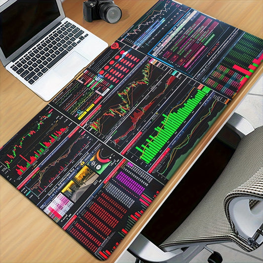 1pc XXL Large Trading Chart Pad & Mouse Pad - Non-Slip Stock Market Graphs Desk Mat with Technical Analysis Workspace, Multicolor Realistic Charts for Finance Professionals, Traders, Gaming & Office Use - Wide Computer Mat wi