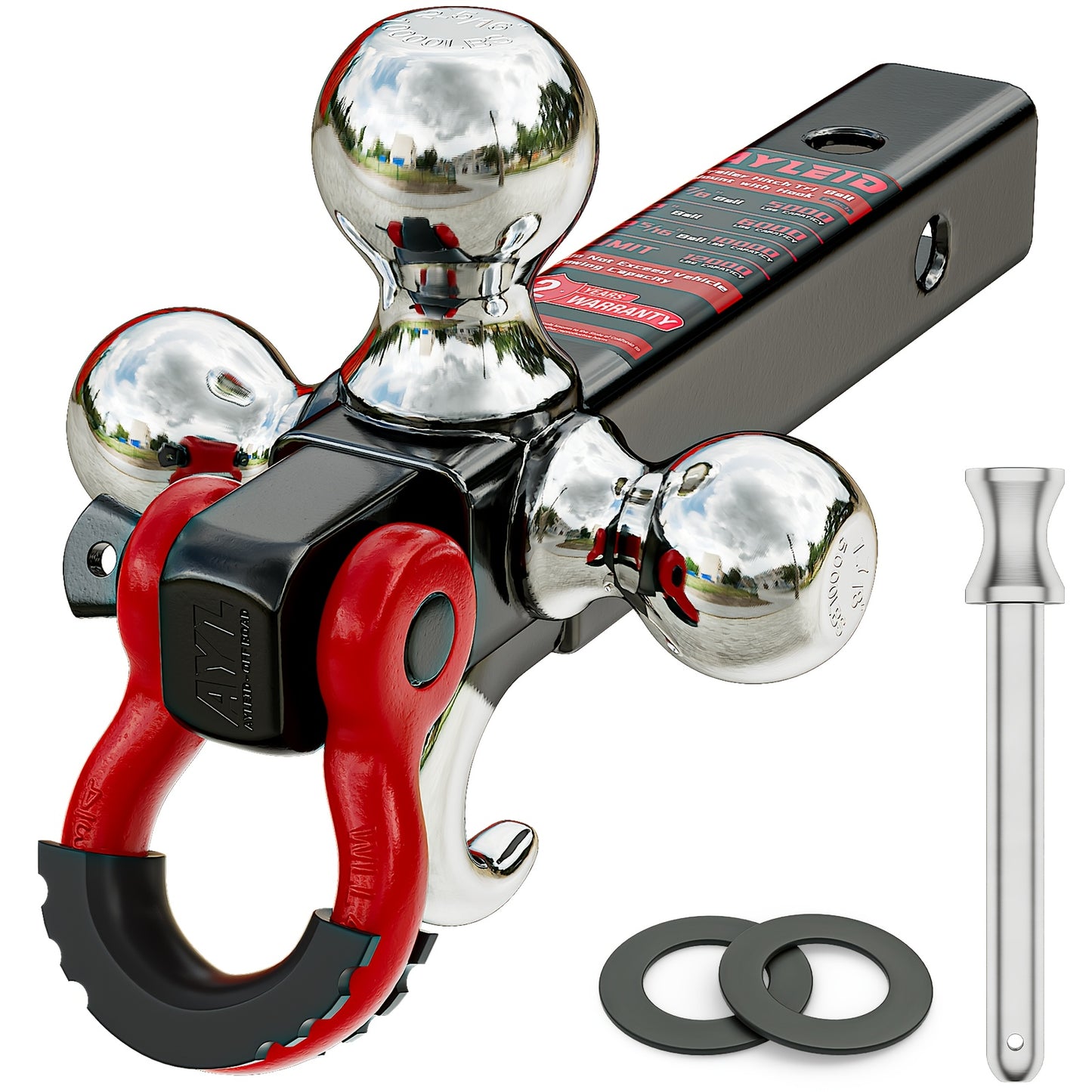 Ayleid Tri-Ball Trailer Hitch Mount with Rotatable Hook & Pin - Includes 3 Replaceable Balls (1-7/8", 2", 2-5/16") - Fits 2" Receiver for Secure Towing, Red Handle & Black Metal Construction