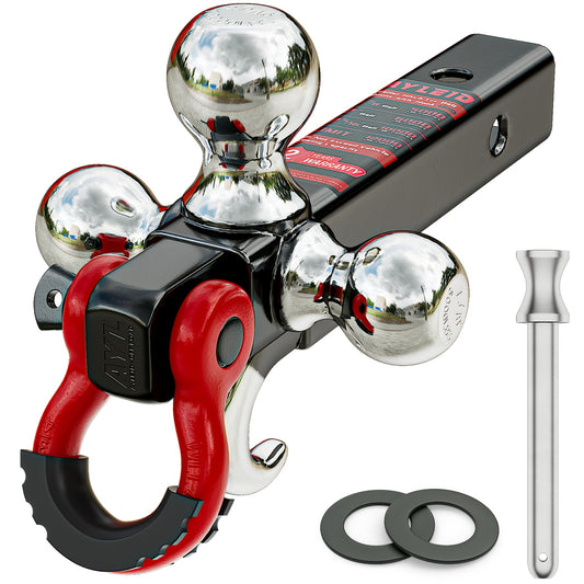 Ayleid Tri-Ball Trailer Hitch Mount with Rotatable Hook & Pin - Includes 3 Replaceable Balls (1-7/8", 2", 2-5/16") - Fits 2" Receiver for Secure Towing, Red Handle & Black Metal Construction
