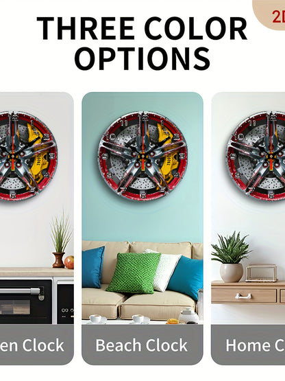 The 2D flat decorative plaque wall clock with the theme of "Exquisite car wheel hub" is equipped with a silent quartz movement. It is an ideal choice for wall decoration and also an excellent gift for birthdays, fireworks, Ch