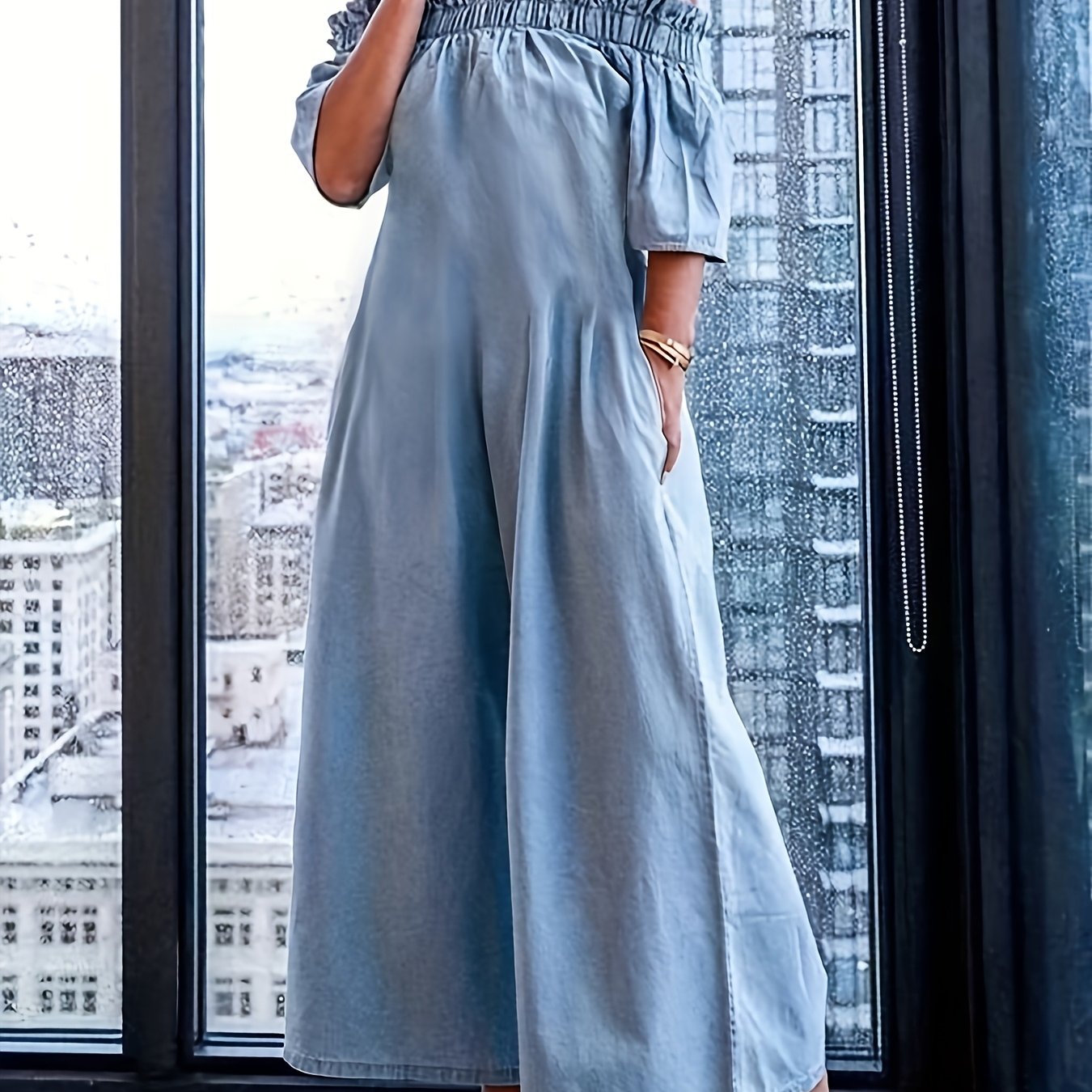 Off-The-Shoulder - Women'S Elegant Slit Jumpsuit - Pleated Solid Color - Loose Short Sleeves - Stretch Jumpsuit