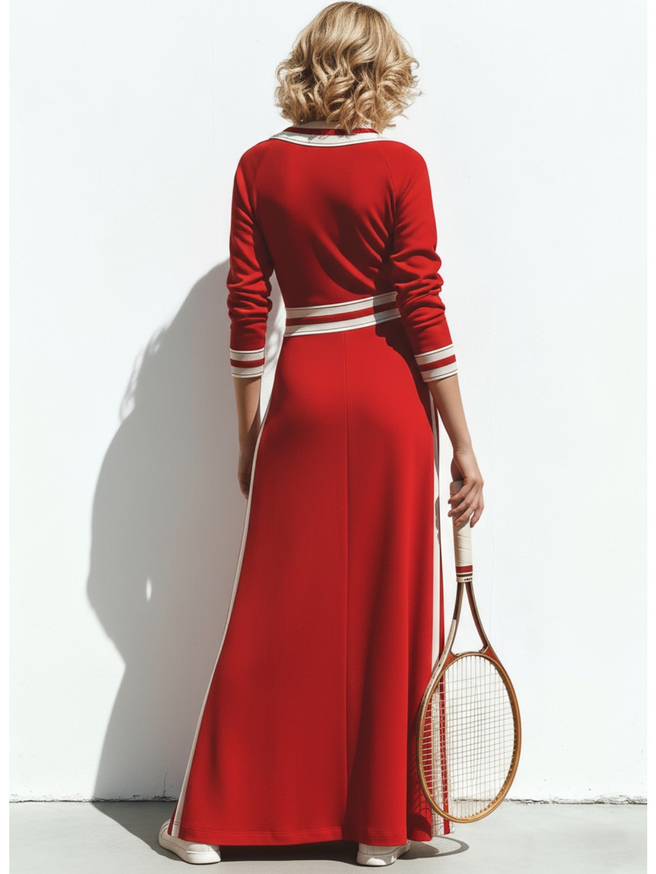 Women'S Red Long Dress Featuring White Accents in a Vintage Design, Ideal for Casual Outings, Fashionable Streetwear, And Distinctive Styling Events