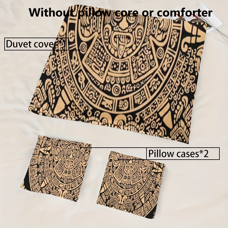 3pcs Comfortable Retro Mayan Civilization Theme Duvet Cover Set, Soft High-Definition Digital Print, Black And Golden Design, All-Season, Family And Friends Gift, Machine Washable (1 Duvet Cover + 2 Pillowcases, No Filling)